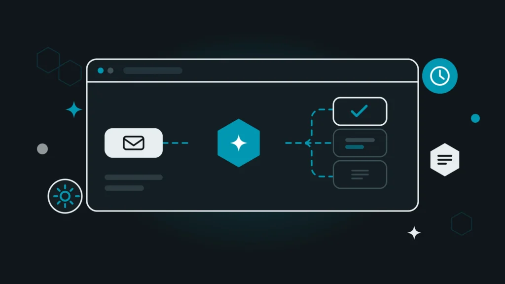 Dunkles Mockup von Email-Prozess aufgeteilt in automatische Workflows