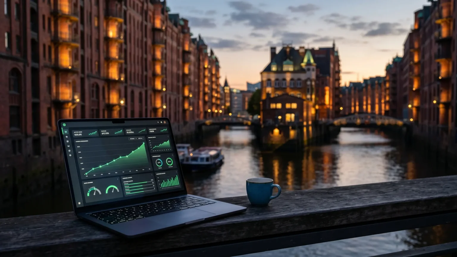Laptop auf einer Brücke in der Speicherstadt Hamburg