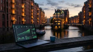 Laptop auf einer Brücke in der Speicherstadt Hamburg