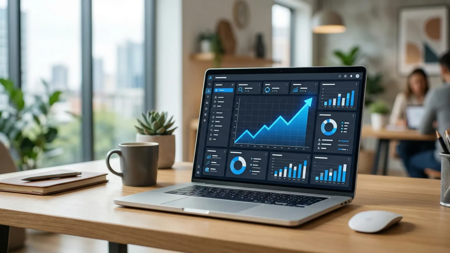 Auffindbarkeit bei Suchmaschienen Laptop mit steigenden Charts