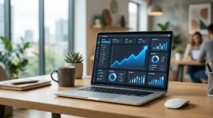Auffindbarkeit bei Suchmaschienen Laptop mit steigenden Charts