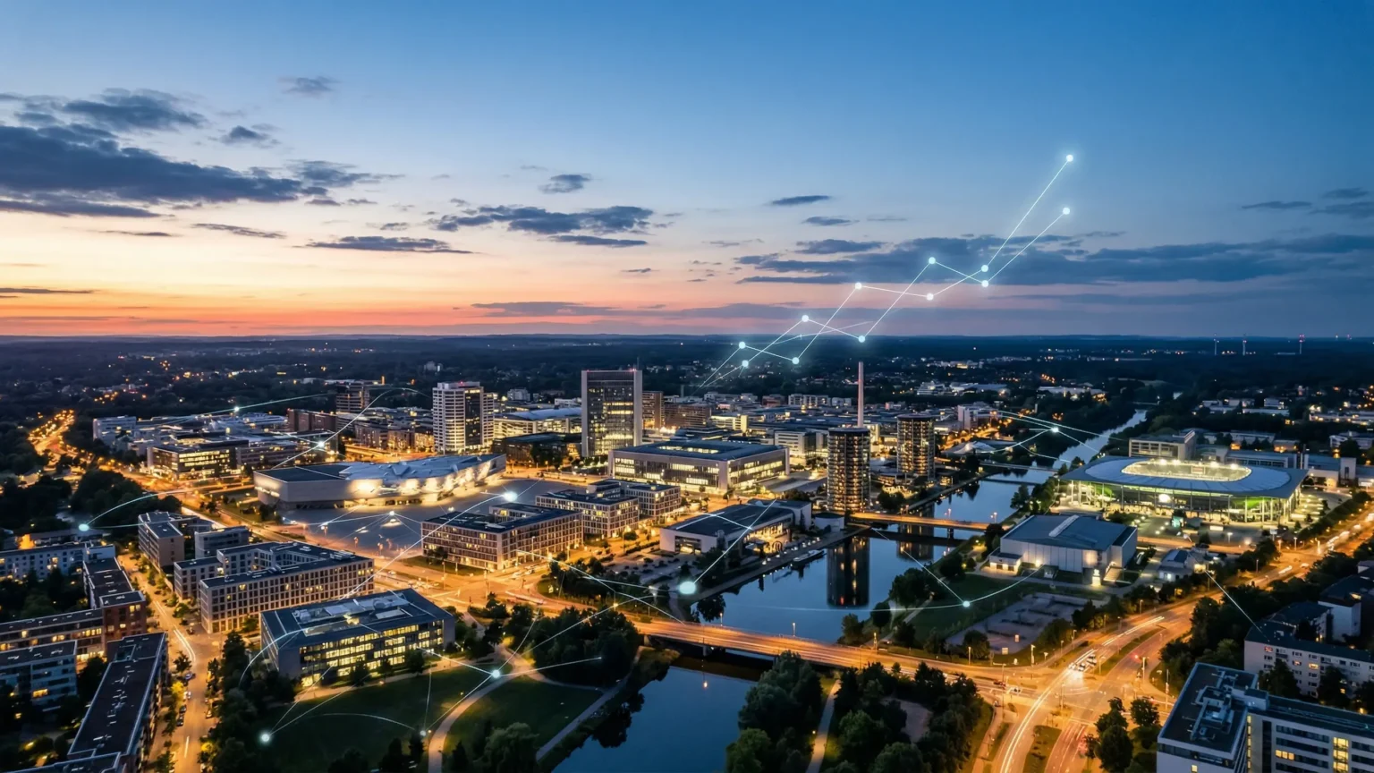 Wolfsburg Skyline mit digitalem Netz