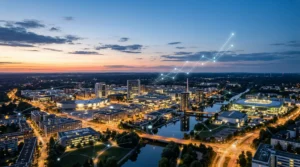 Wolfsburg Skyline mit digitalem Netz