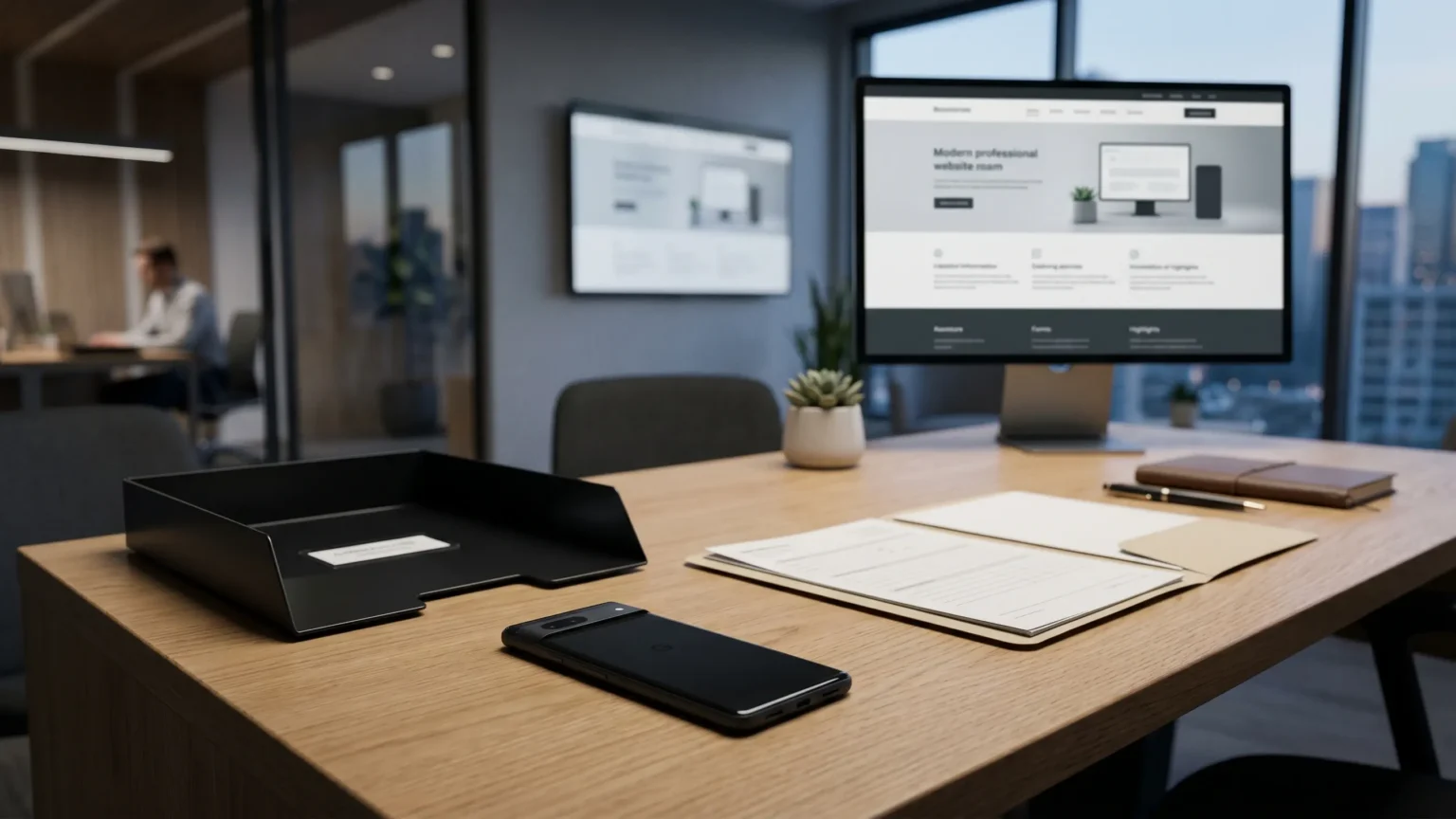 Schreibtisch mit Desktop PC mit Website