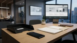 Schreibtisch mit Desktop PC mit Website